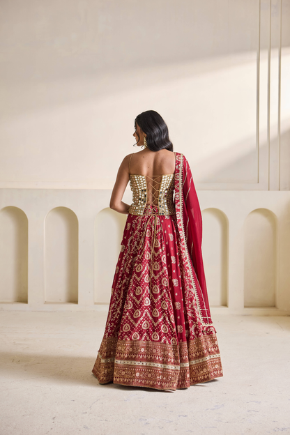 Gold emb corset and brocade lehnga set