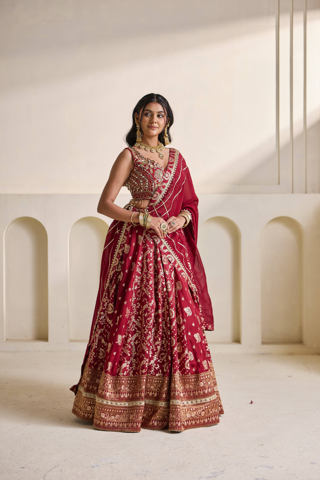Maroon embroidered blouse and banarsi lehnga set
