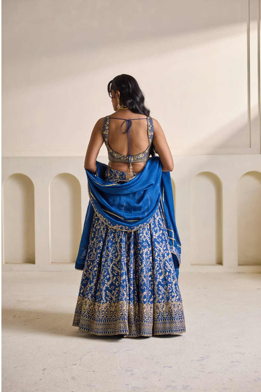 Deep blue emb blouse and Brocade lehnga set