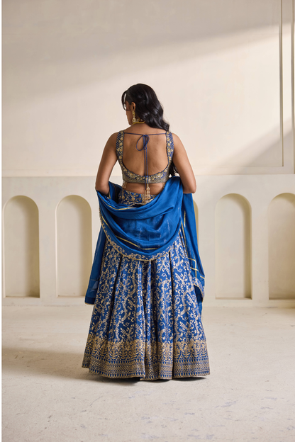 Deep blue emb blouse and Brocade lehnga set