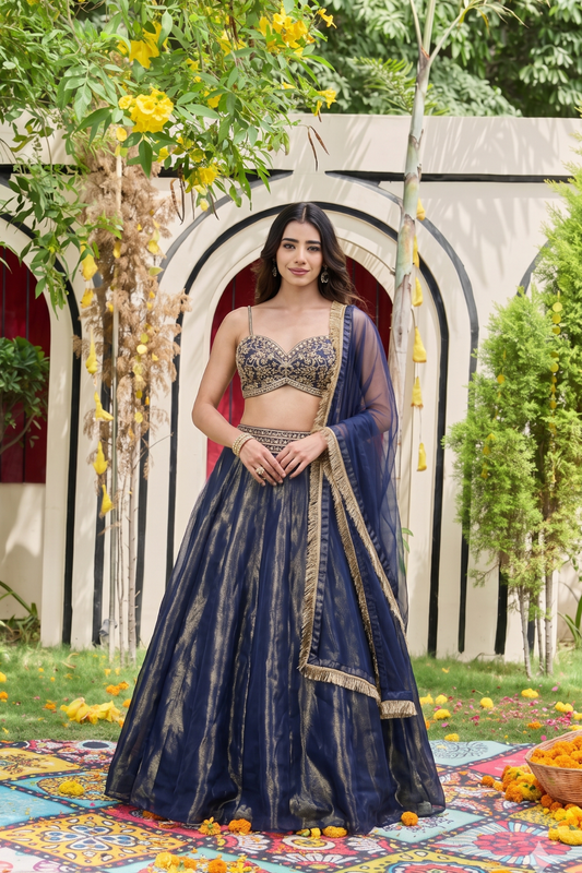 Navy blue bustier and shimmer organza lehnga set