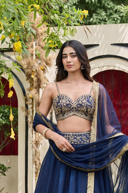 Navy blue bustier and shimmer organza lehnga set