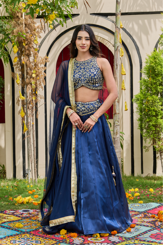 Navy Blue Mirror-Encrusted Bustier & Shimmer Lehenga Set