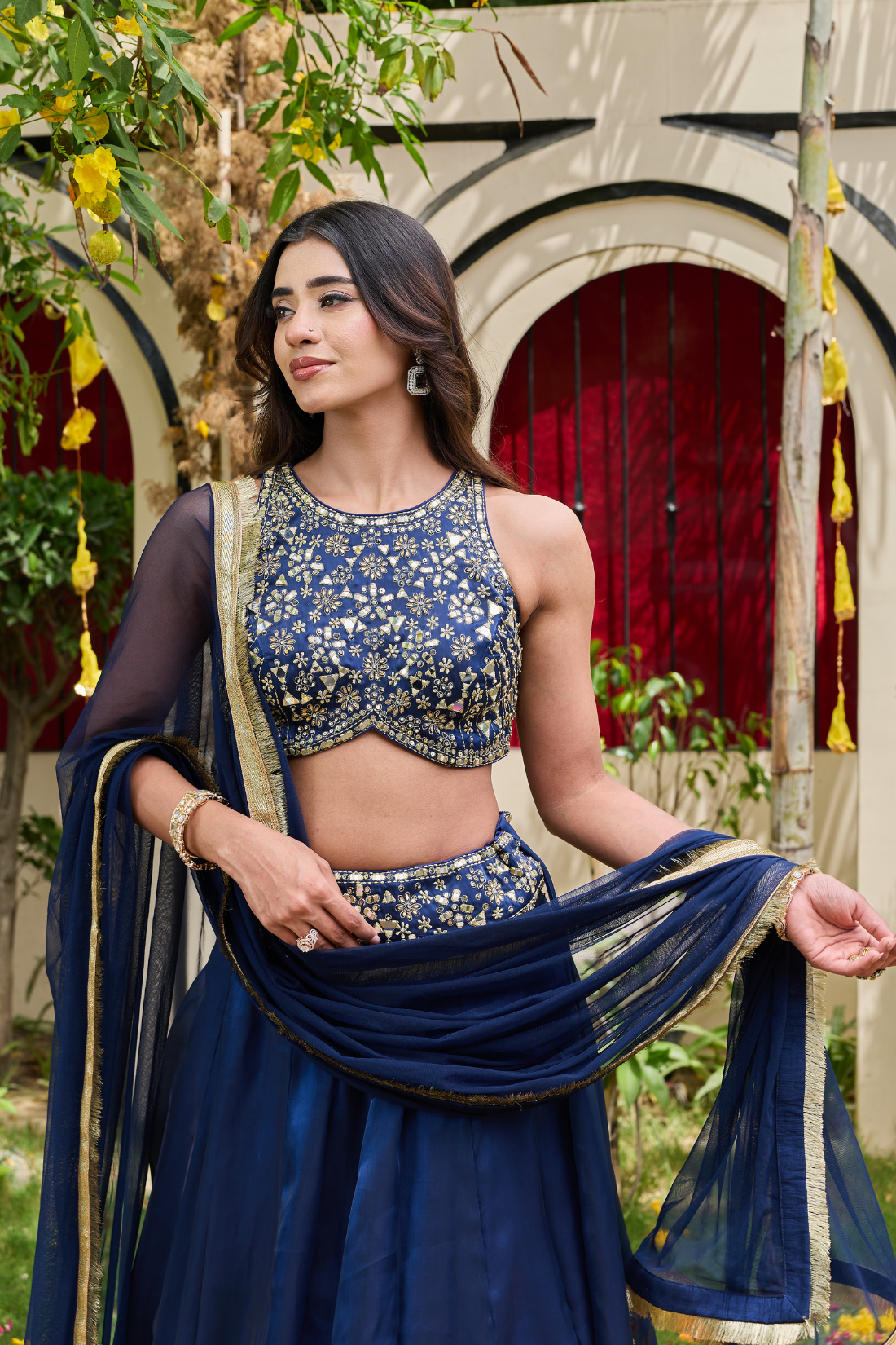 Navy Blue Mirror-Encrusted Bustier & Shimmer Lehenga Set