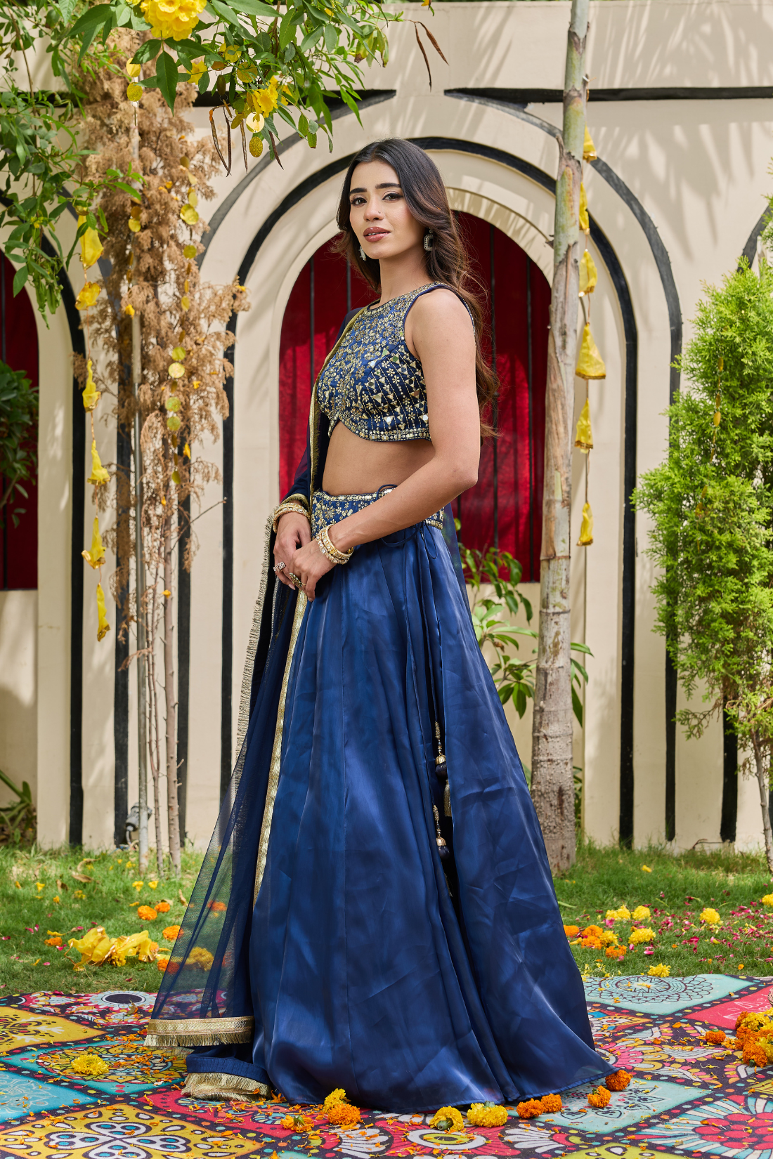 Navy Blue Mirror-Encrusted Bustier & Shimmer Lehenga Set