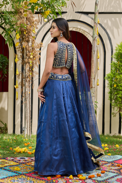 Navy Blue Mirror-Encrusted Bustier & Shimmer Lehenga Set