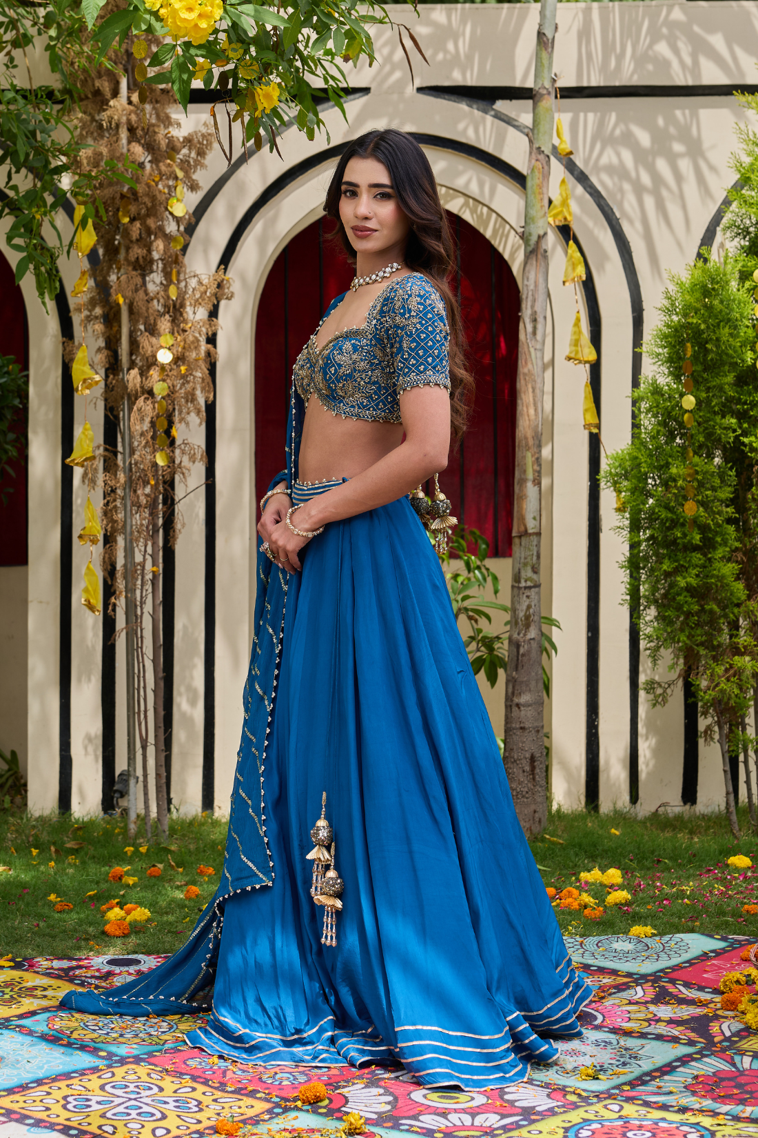 Deep Blue Crepe Zardosi Blouse & Flowy Lehenga Set