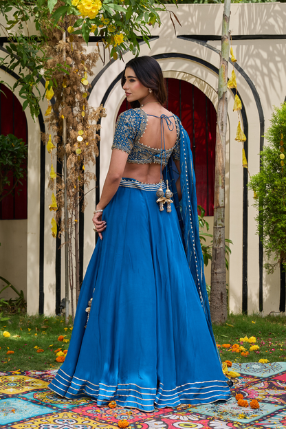 Deep Blue Crepe Zardosi Blouse & Flowy Lehenga Set