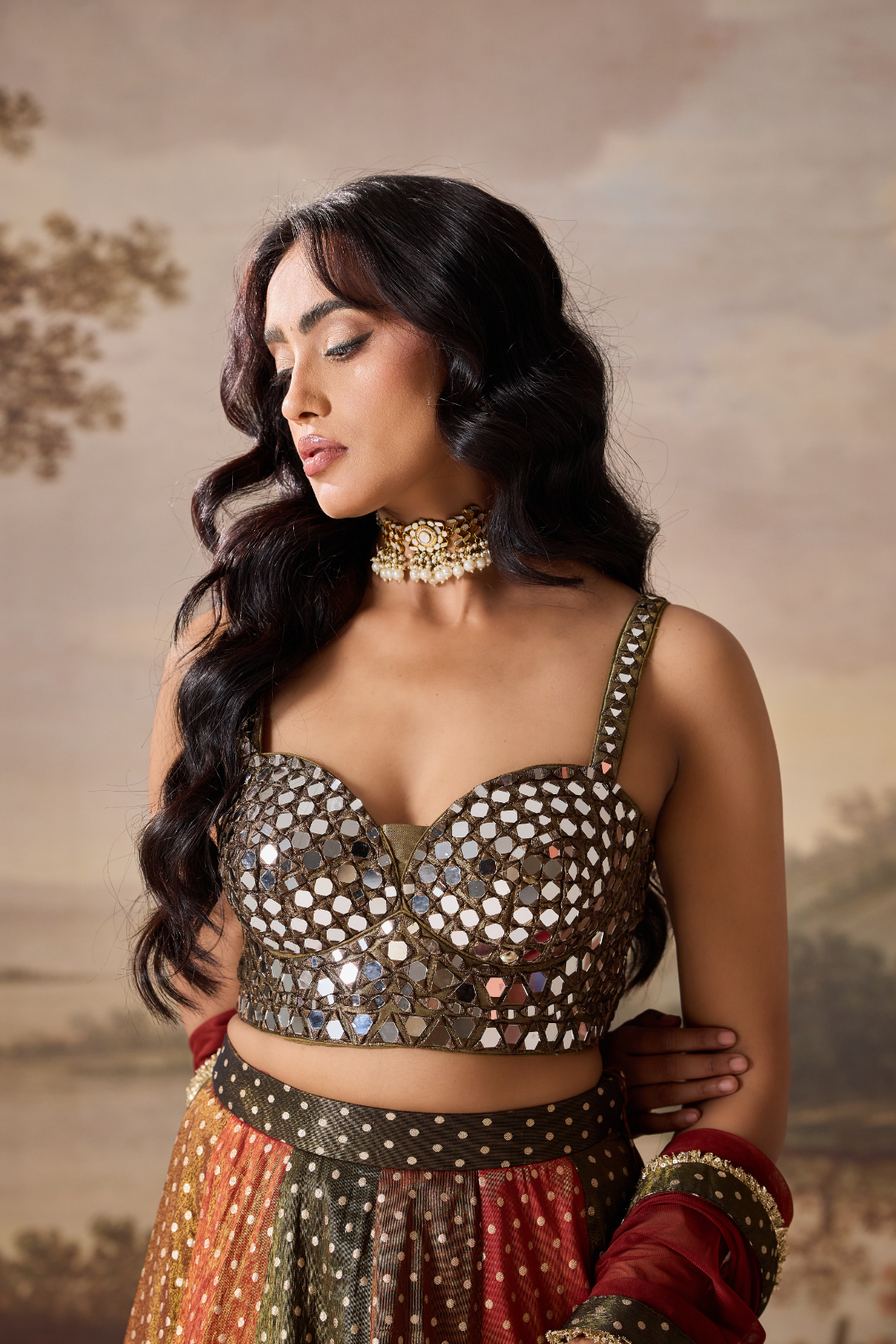 Olive green emb blouse and cosmos multipanel lehnga set