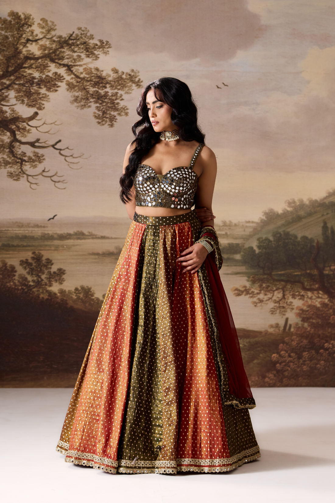Olive green emb blouse and cosmos multipanel lehnga set