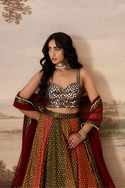 Olive green emb blouse and cosmos multipanel lehnga set