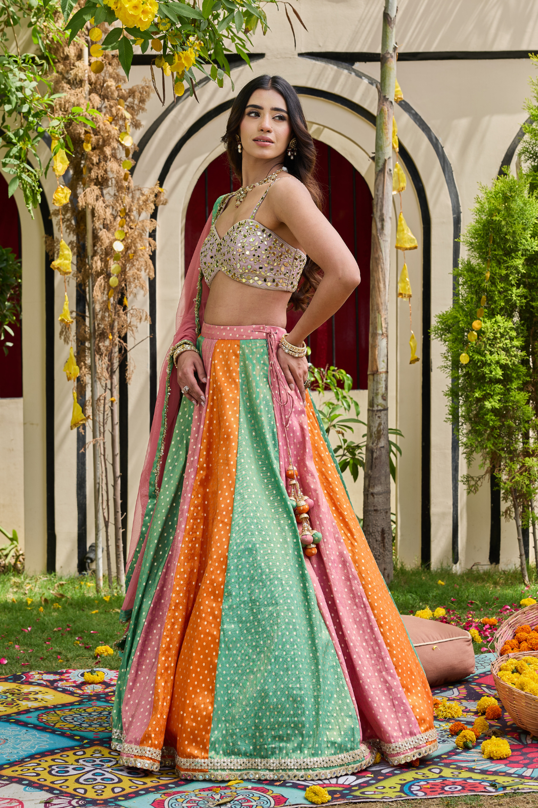 Mauve Mirror-Encrusted Bustier & Multi-Panel Lehenga Set