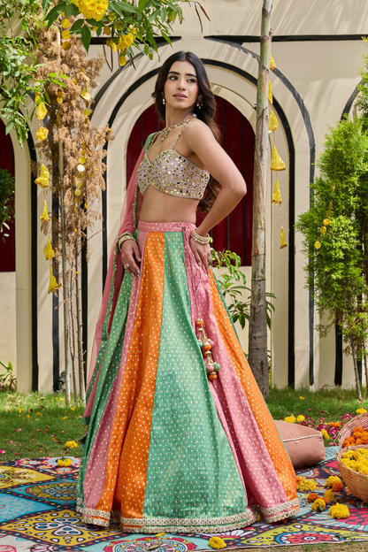 Mauve Mirror-Encrusted Bustier & Multi-Panel Lehenga Set