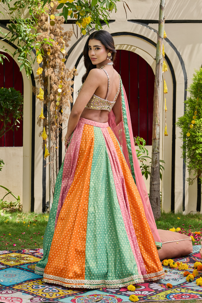 Mauve Mirror-Encrusted Bustier & Multi-Panel Lehenga Set