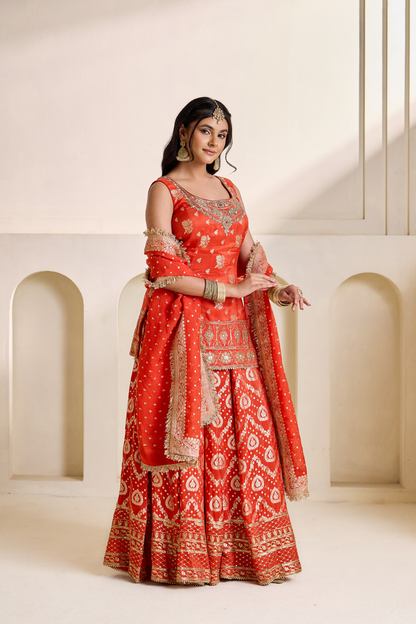 Rust orange banarsi kurti and sharara set