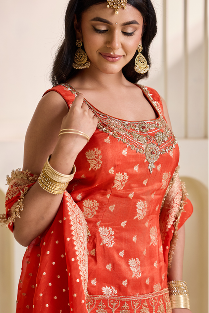 Rust orange banarsi kurti and sharara set