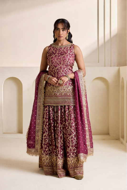 Wine embroidery banarsi kurti sharara set