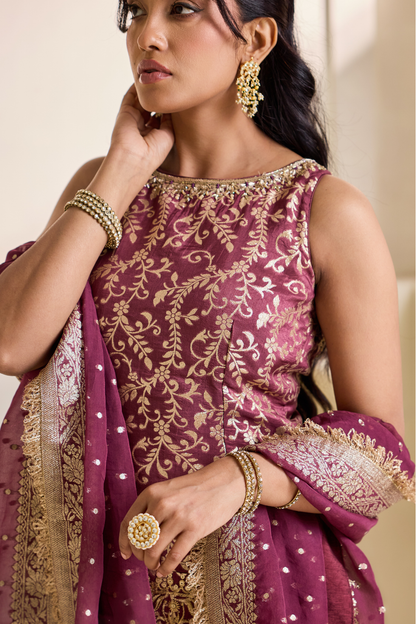 Wine embroidery banarsi kurti sharara set