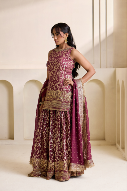 Wine embroidery banarsi kurti sharara set