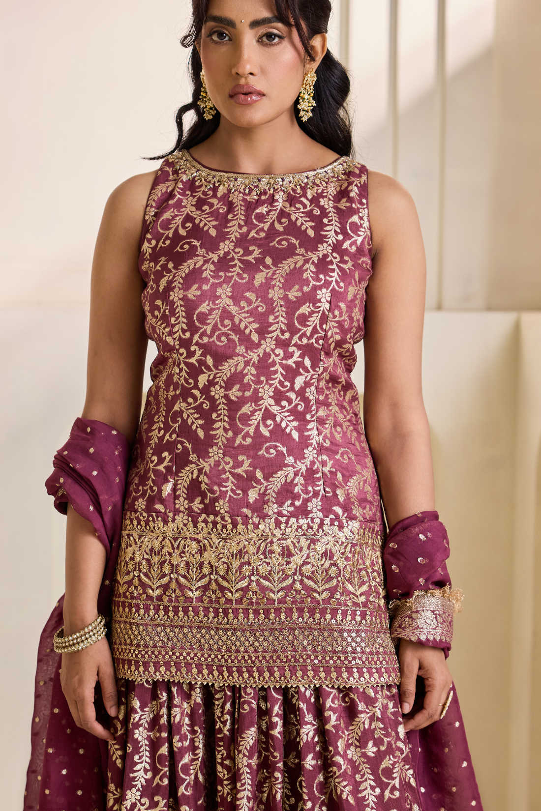 Wine embroidery banarsi kurti sharara set
