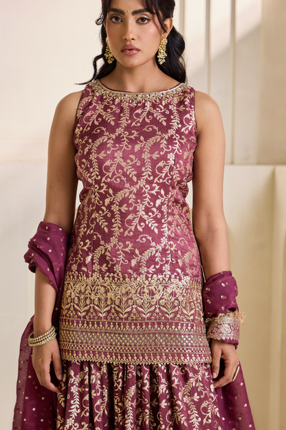 Wine embroidery banarsi kurti sharara set