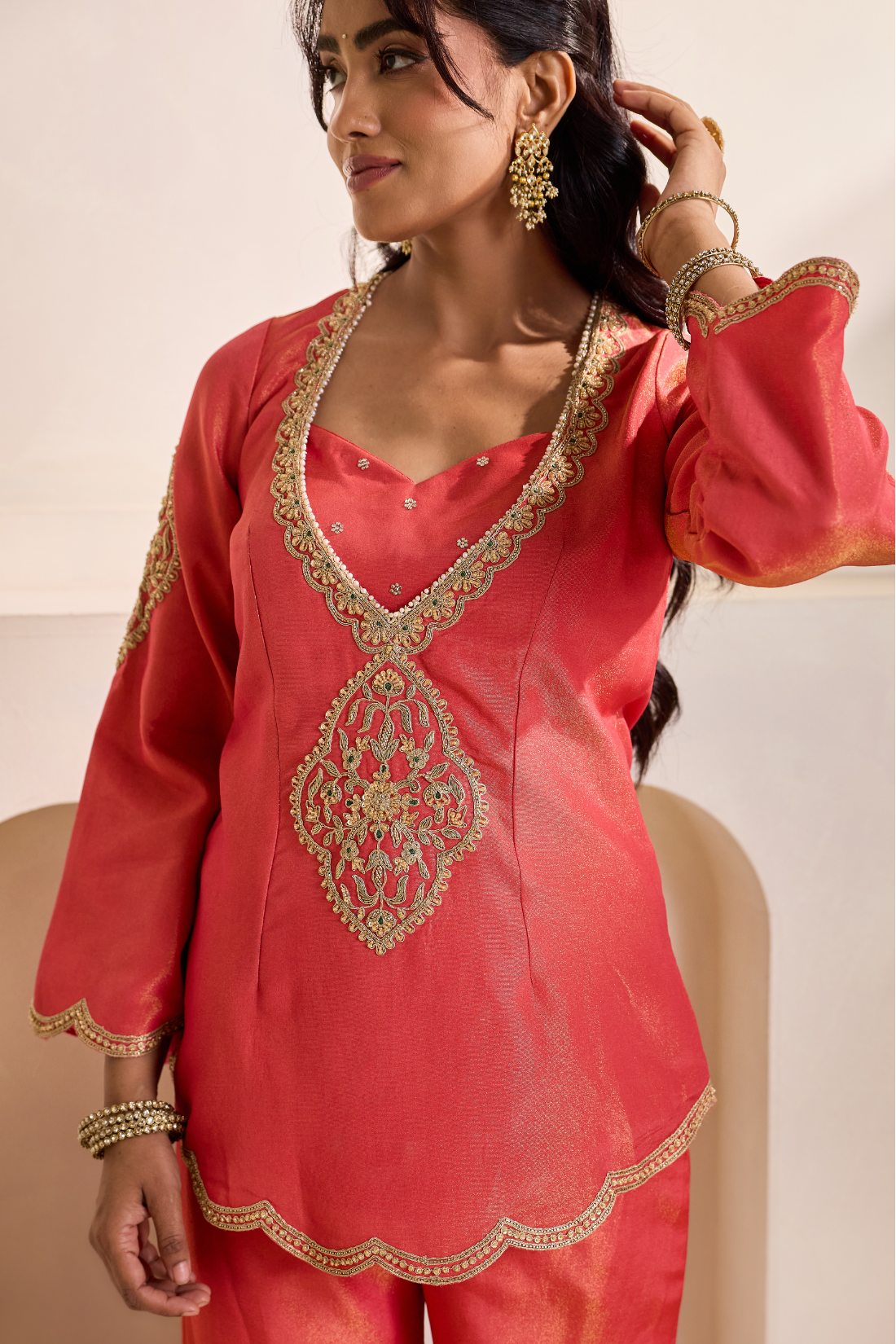 Orange embroidery cosmos kurti, bustier and Flare plazo set