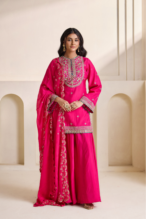 Fucsia embroidery Kurti sharara set
