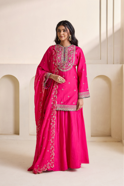 Fucsia embroidery Kurti sharara set