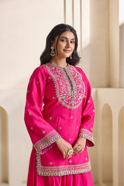 Fucsia embroidery Kurti sharara set