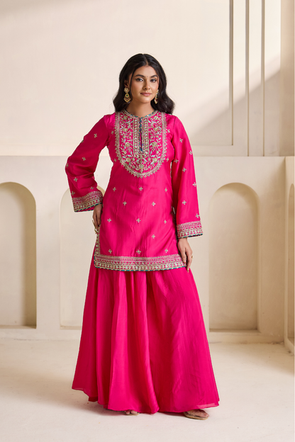 Fucsia embroidery Kurti sharara set
