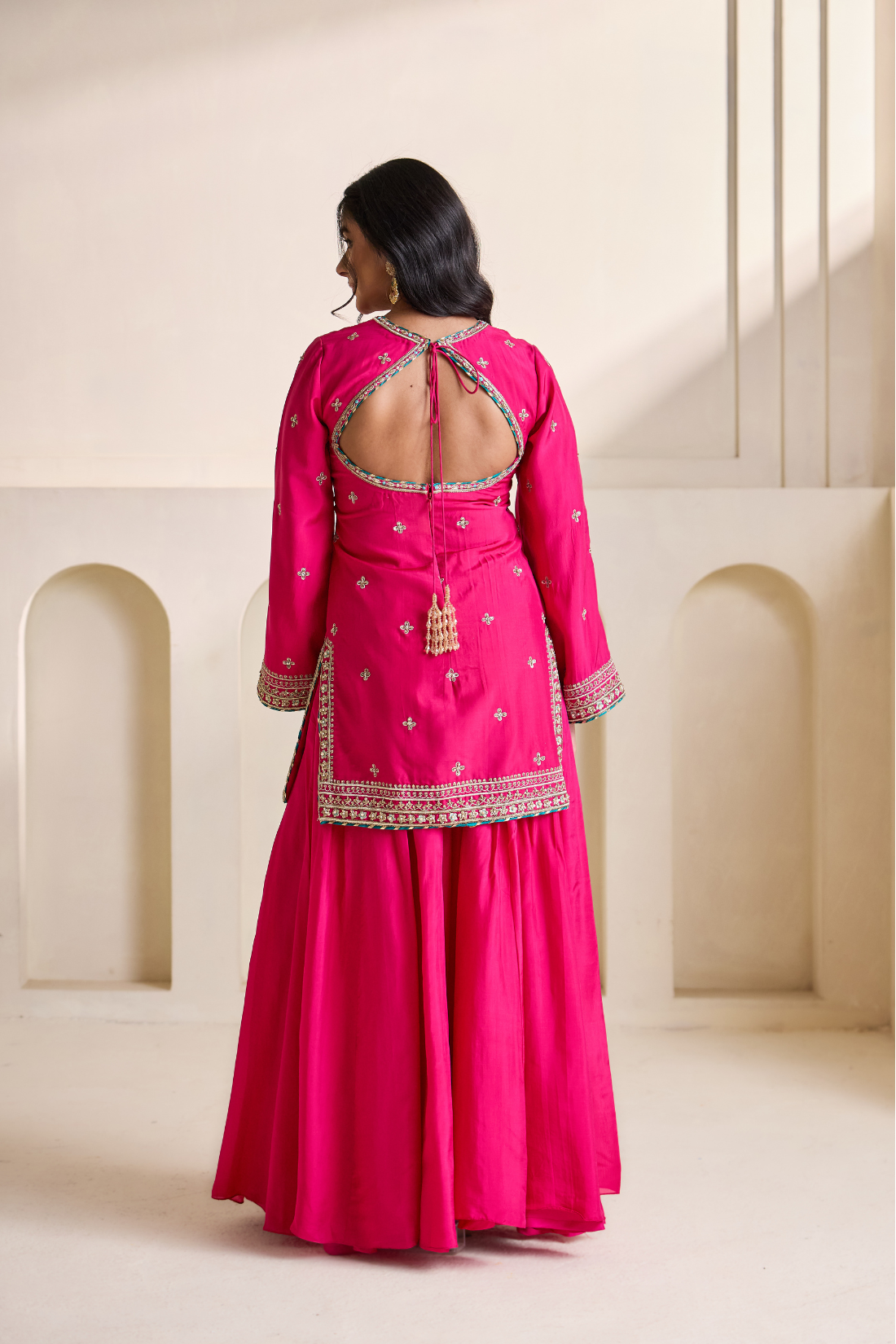 Fucsia embroidery Kurti sharara set