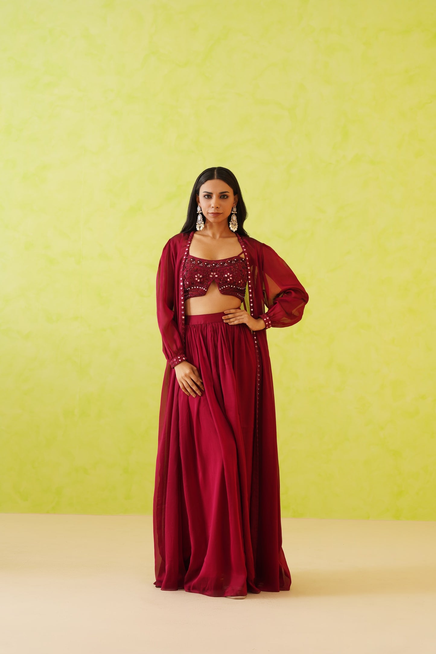 Maroon embroidered croptop, Jacket and Skirt set