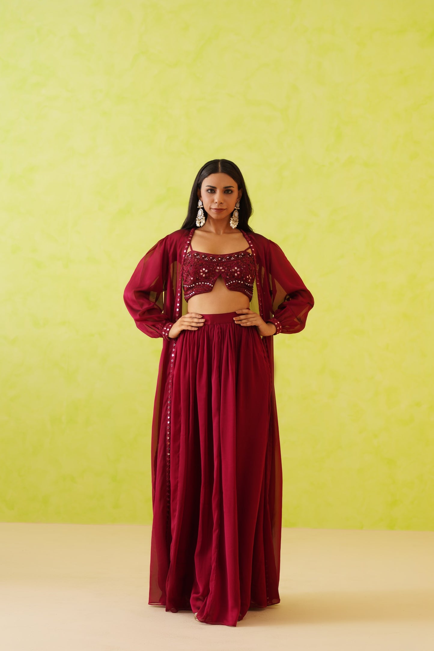 Maroon embroidered croptop, Jacket and Skirt set