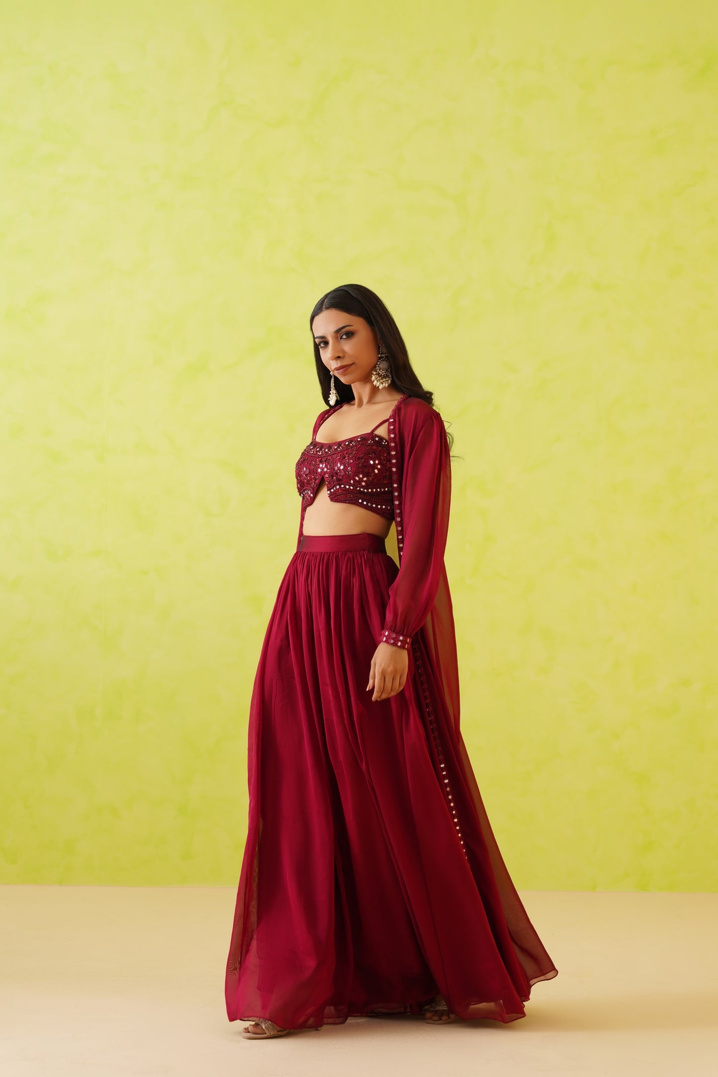 Maroon embroidered croptop, Jacket and Skirt set