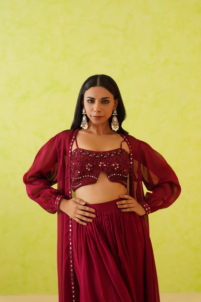 Maroon embroidered croptop, Jacket and Skirt set