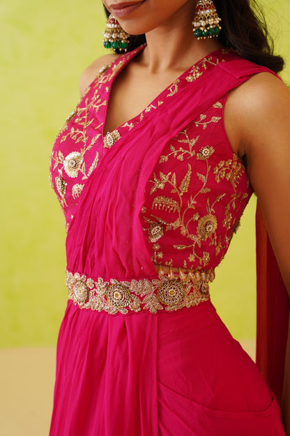 Fusia pink drape saree and blouse set