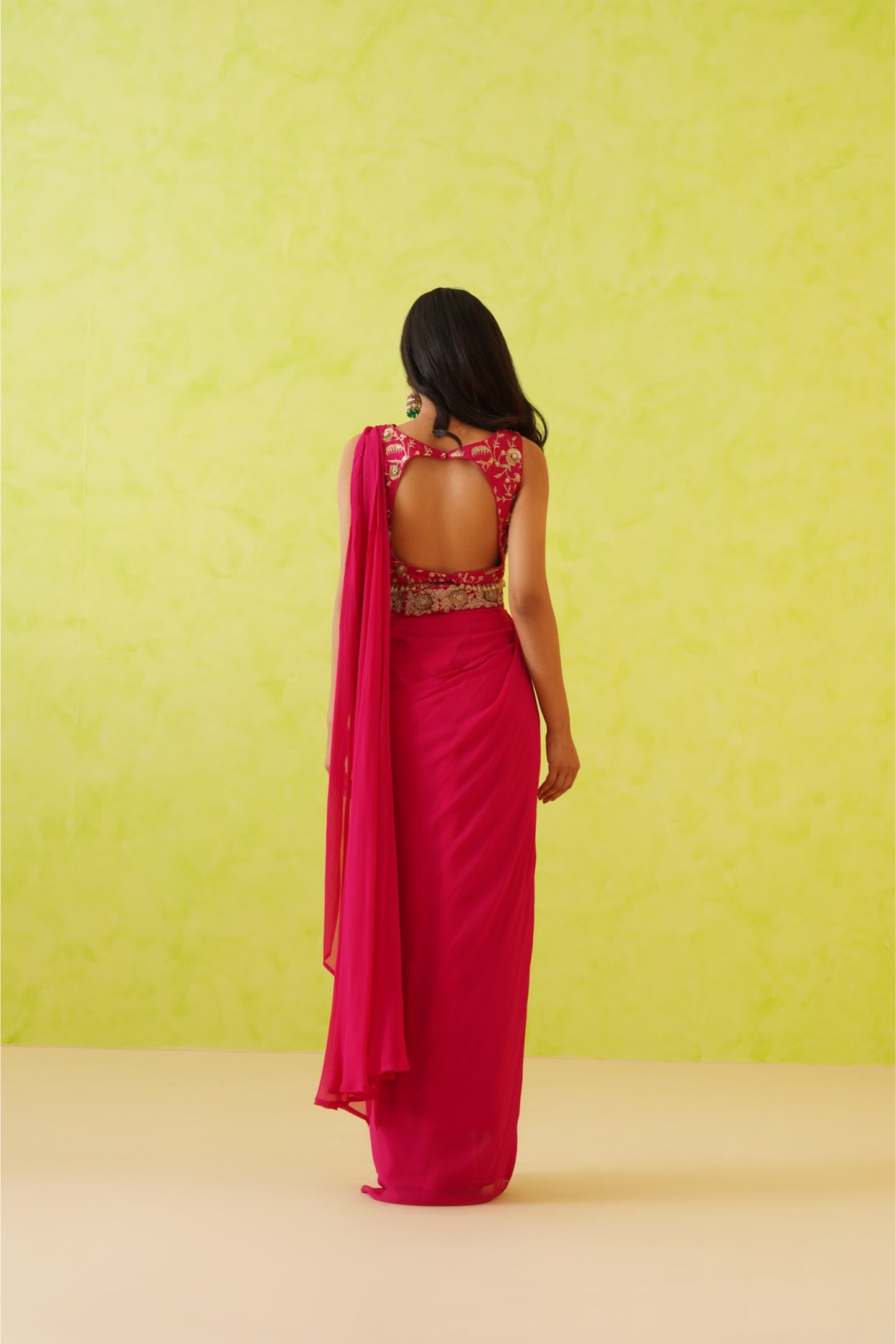 Fusia pink drape saree and blouse set