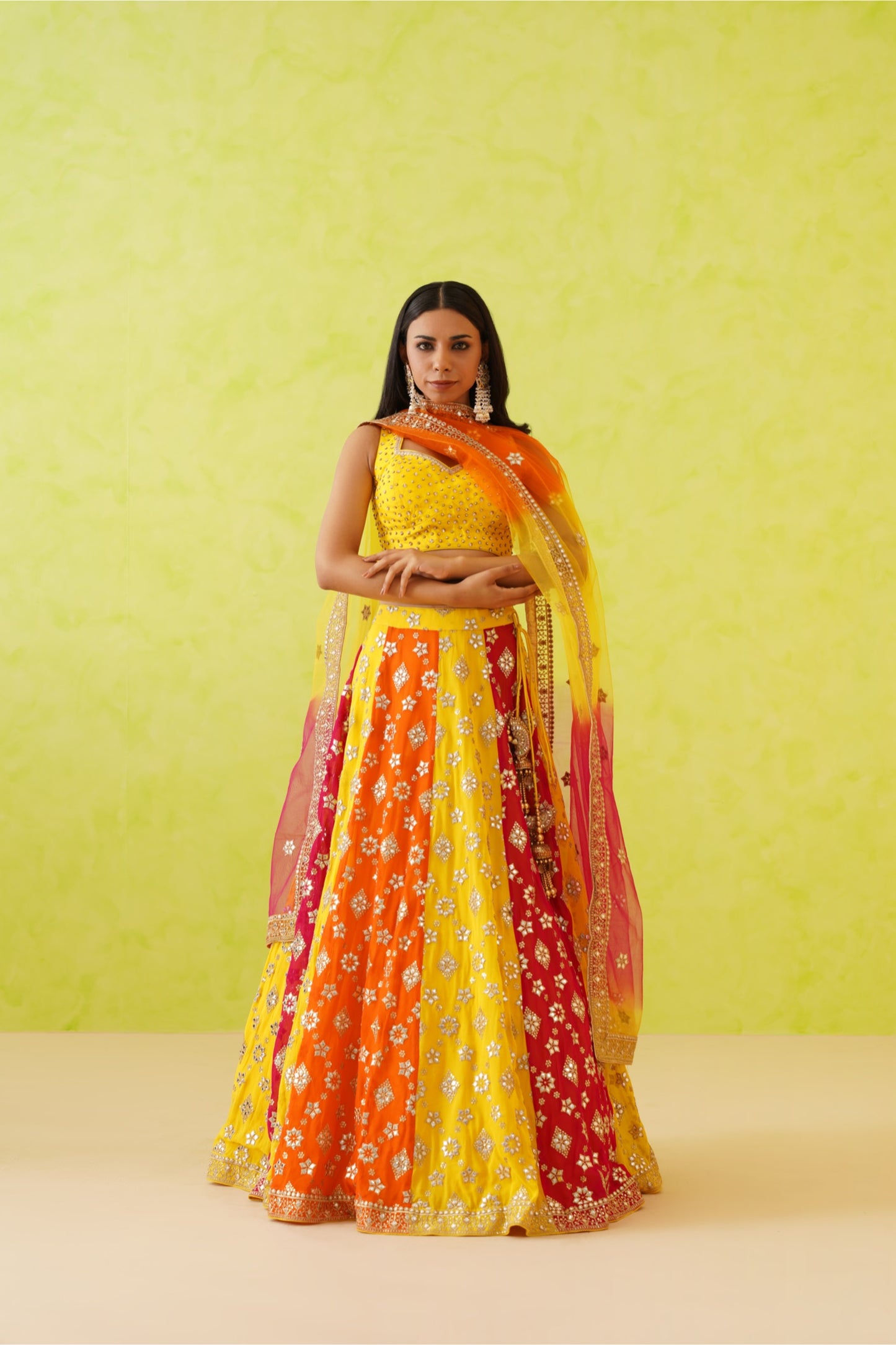 Multi colour panelled Lehenga, Blouse and Dupatta Set