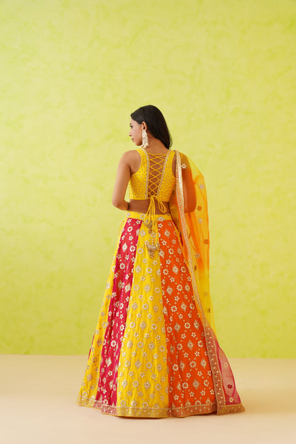 Multi colour panelled Lehenga, Blouse and Dupatta Set