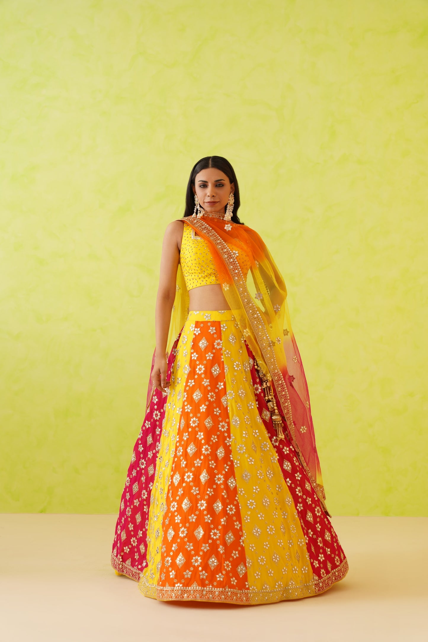 Multi colour panelled Lehenga, Blouse and Dupatta Set