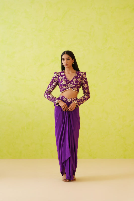 Purple Embroidered blouse and Dhoti set