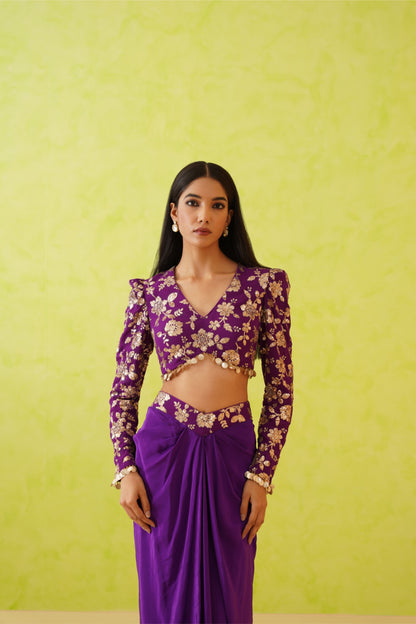 Purple Embroidered blouse and Dhoti set