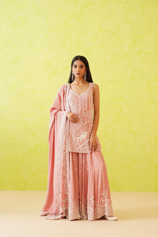 Pink embroidered Kurti, Sharara and Dupatta Set