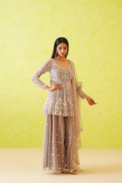 Grey embroidered Kurti, Sharara and Dupatta Set