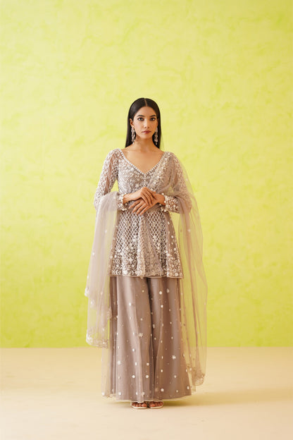 Grey embroidered Kurti, Sharara and Dupatta Set