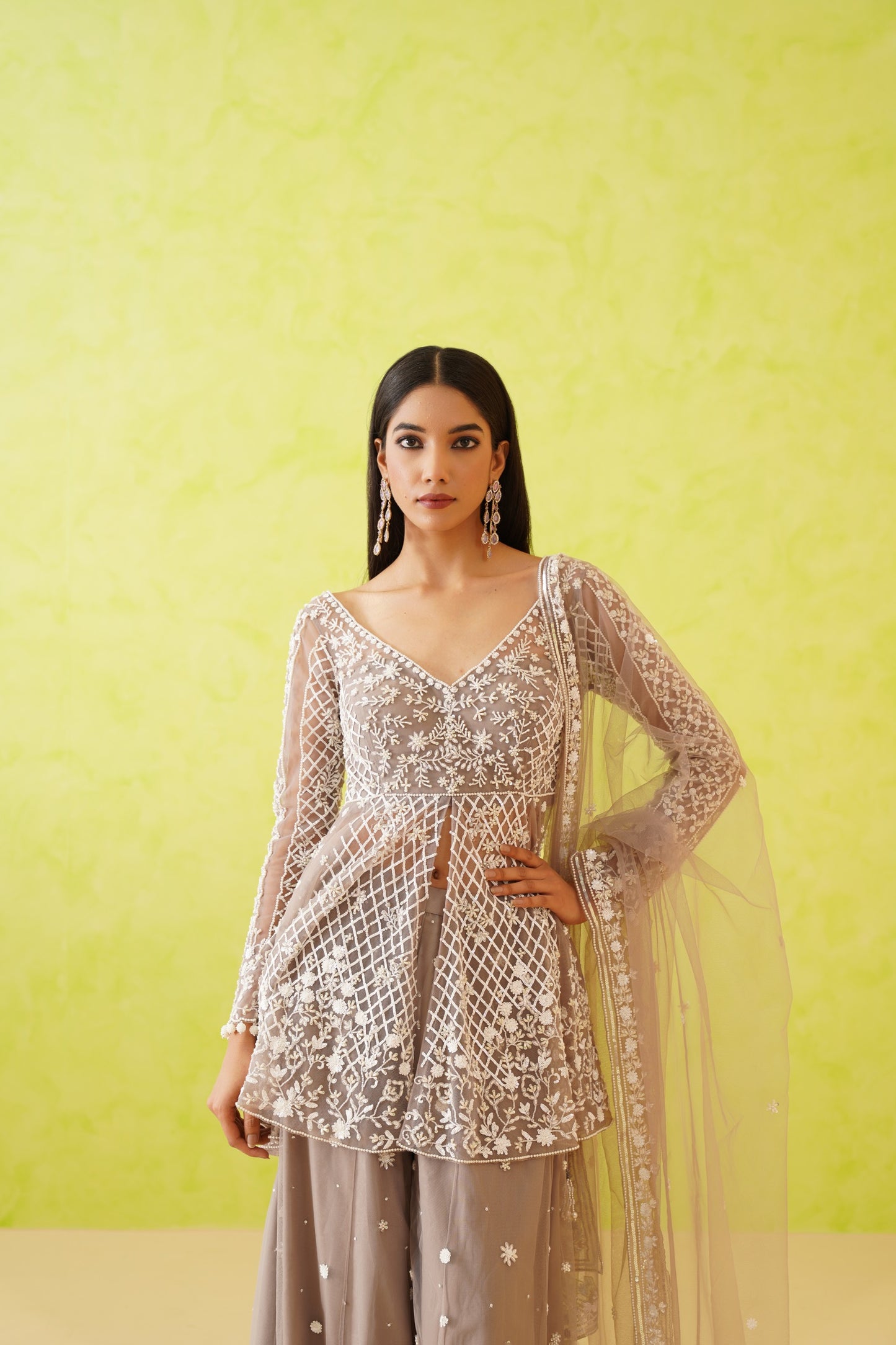 Grey embroidered Kurti, Sharara and Dupatta Set