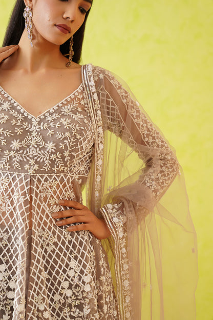 Grey embroidered Kurti, Sharara and Dupatta Set