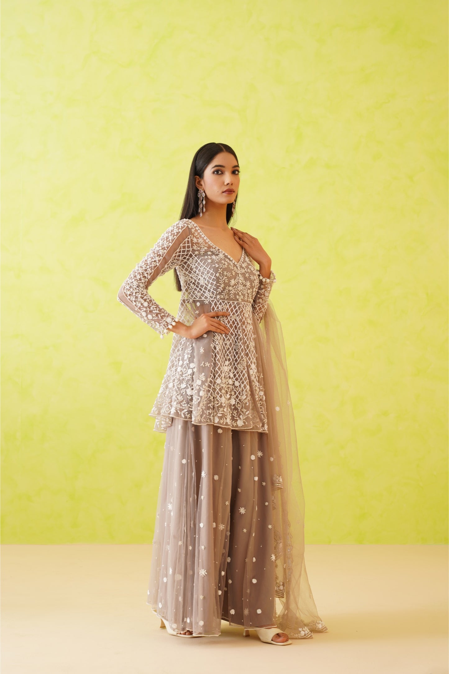 Grey embroidered Kurti, Sharara and Dupatta Set