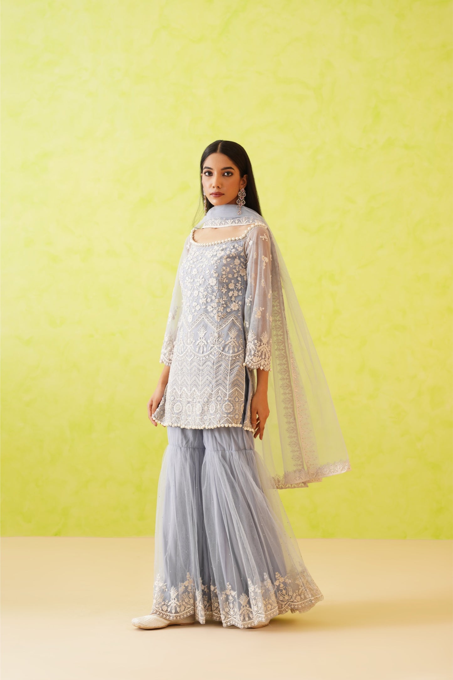 Powder blue embroidered Kurti, Garara and Dupatta Set