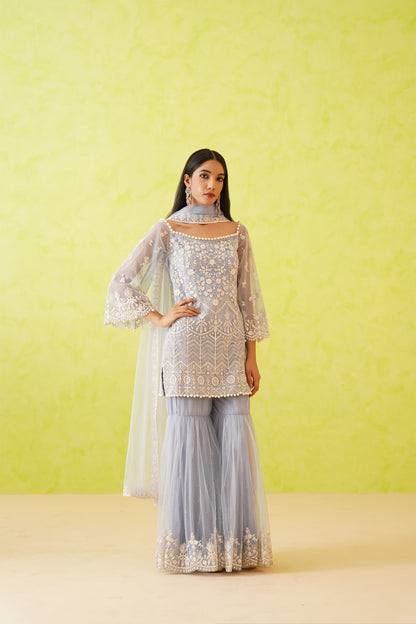 Powder blue embroidered Kurti, Garara and Dupatta Set